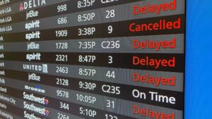 Painel de um aeroporto nos Estados Unidos Apontando quais Voos Atrasaram e quais Voos estão em ordem.