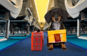 cachorro no corredor do avião com suas bagagens
