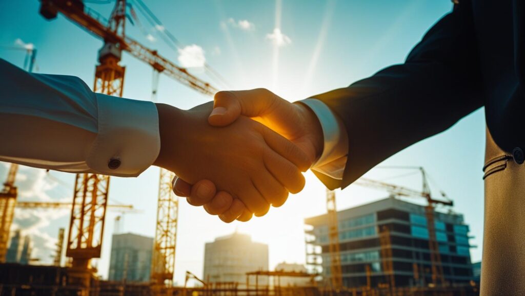Mãos apertadas em frente a uma construção