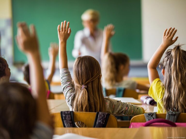 Sala de aula. com crianças com a mão levantada, professor na frente