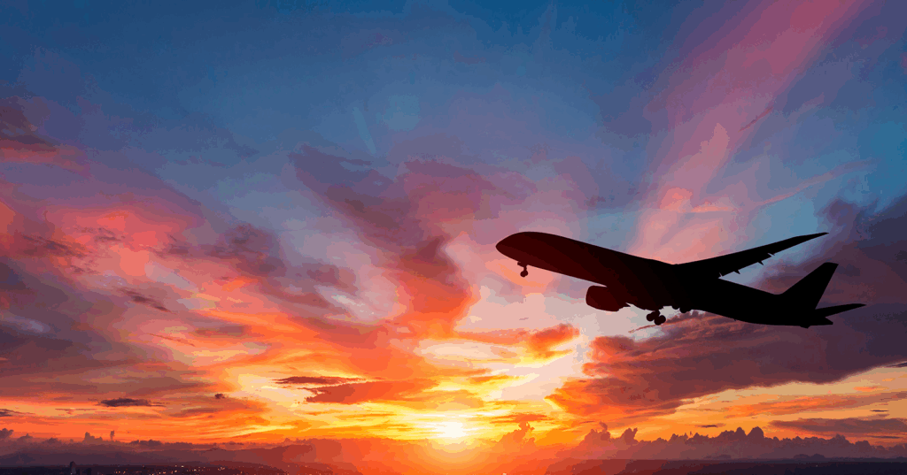 avião passando em frente ao nascer do sol