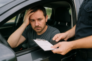Homem em seu carro, chateado por receber multa