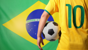 Bandeira do Brasil com um camisa 10 na frente com a bola embaixo do braço